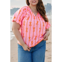 Rose Bowknot Print Shirred V Neck Puff Sleeve Plus Size Blouse - 2X thumbnail