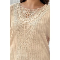 Beige Lace Crochet Patched Cable Textured Cuffed Short Sleeve Plus Size Top - 1X thumbnail