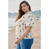 Apricot Bow Printed Ruffled Bubble Sleeve Lace-up Notched Neck Plus Size Blouse - 1X thumbnail