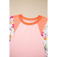 Orange Plus Size Floral Print Patchwork Raglan Half Sleeve Top - 1X thumbnail