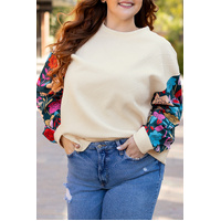 White Floral Patchwork Sleeve Textured Plus Size Pullover Top - 1X thumbnail
