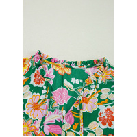Green Floral Tied V Neck Long Sleeve Plus Size Babydoll Top - 1X thumbnail