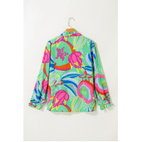 Green Abstract Printed Flounce Sleeve V Neck Buttoned Plus Size Blouse - 1X thumbnail