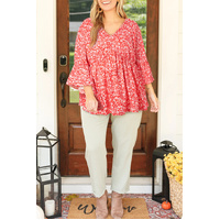 Red Plus Size Floral V Neck Flared Bracelet Sleeve Blouse - 1X thumbnail