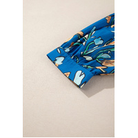 Blue Floral Notched V Neck Half Sleeve Plus Size Blouse - 4X thumbnail