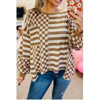 Khaki Striped Checkered Mixed Print Chest Pocket Casual Plus Size Top - 1X thumbnail