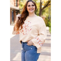 Beige Plus Size Flower Patched Side Slits Crewneck Top - 1X thumbnail
