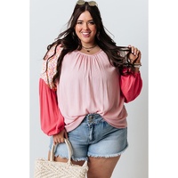 Pink Contrast Floral Patchwork Long Sleeve Plus Size Blouse - 2X thumbnail