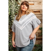 Light Grey Lace Insert Waffle Ruffle Short Sleeve Plus Size Top - 1X thumbnail