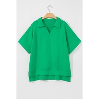 Bright Green Short Sleeve Turn-Down Collar Plus Size Blouse - 1X thumbnail