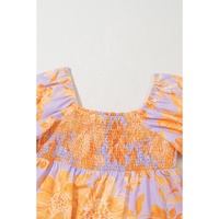 Purple Floral Puff Sleeve Square Neck Smocked Plus Size Babydoll Blouse - 1X thumbnail