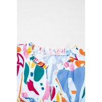 White Abstract Print Shirred Cuff Puff Sleeve Plus Size Blouse - 4X thumbnail