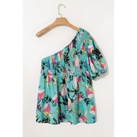 Green Plus Size Floral Smocked Bodice Single Puff Short Sleeve Babydoll Blouse - 4X thumbnail