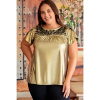 Gold Plus Size Floral Embroidered Short Sleeve Top - 3X thumbnail