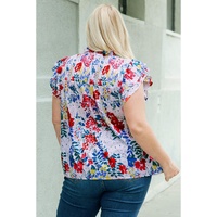 Red Plus Floral Print Ruffle Cap Sleeve V Neck Blouse - 1X thumbnail