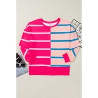 Rose Stripe Color Block Crewneck Long Sleeve Plus Size T Shirt - 1X thumbnail