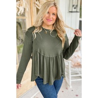 Mist Green Plus Size Thermal Knitted Babydoll Flare Top - 3X thumbnail
