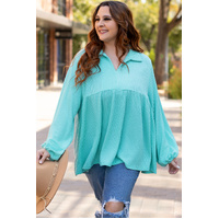 Turquoise Cordrd Balloon Sleeve Collar Plus Babydoll Top - 1X thumbnail