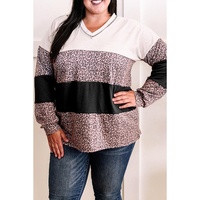 Black Leopard Print Colorblock V Neck Long Sleeve Plus Size Top - 2X thumbnail