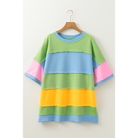 Light Blue Color Block Exposed Seam Patchwork Plus Size T Shirt - 4X thumbnail