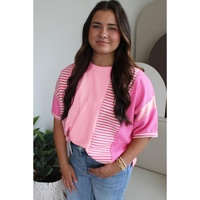 Pink Stripe Patchwork Colorblock Plus Size T Shirt - 1X thumbnail