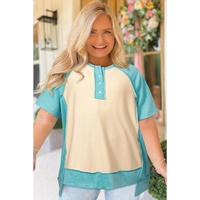 Mint Green Color Block Raglan Sleeve Buttoned Plus Size T Shirt - 2X thumbnail