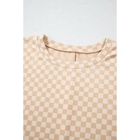 Khaki Checkerboard Short Batwing Sleeve Round Neck Plus Size T Shirt - 1X thumbnail