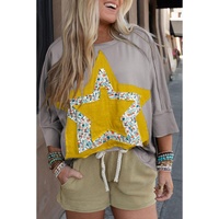 Medium Grey Floral Star Patched Pattern 3/4 Sleeve Plus Size Top - 1X thumbnail