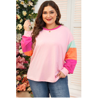 Pink Colorblock Patchwork Long Sleeve Plus Size Top - 1X thumbnail