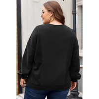 Black Loose Patchwork Crewneck Plus Size Sweatshirt - 1X thumbnail