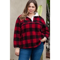 Red Plus Size Buffalo Plaid Sherpa Henley Sweatshirt - 3X thumbnail