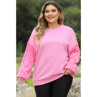 Pink Plus Size Sequin Sleeve Drop Shoulder Sweatshirt - 1X thumbnail