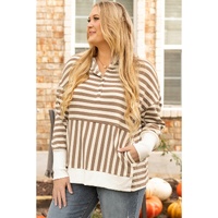 Brown Stripe Quarter Buttons Drop Sleeve Plus Size Hoodie - 3X thumbnail