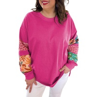 Rose Red Plus Size Printed Patchwork Sleeve Split Sweatshirt - 3X thumbnail