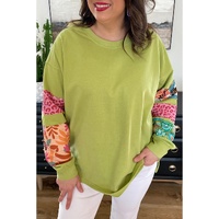 Green Plus Size Printed Patchwork Sleeve Split Sweatshirt - 1X thumbnail