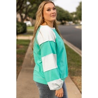 Aruba Blue Colorblock Patchwork Cross Seam Plus Sweatshirt - 1X thumbnail
