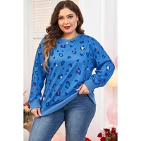 Sky Blue Leopard Ribbed Edge Drop Shoulder Pullover Sweatshirt - 4X thumbnail