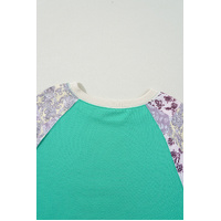 Sky Blue Plus Size Plaid Floral Patchwork Raglan Sleeve Sweatshirt - 2X thumbnail
