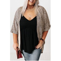 Khaki Plus Size Leopard Print Half Sleeve Open Front Cardigan - 1X thumbnail