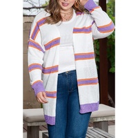 Beige Plus Size Striped Dropped Shoulder Sweater Cardigan - 2X thumbnail