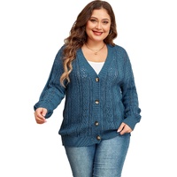 Real Teal Open Knit V Neck Button Front Drop Shoulder Plus Size Cardigan - 1X thumbnail