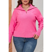 Rose Solid Ribbed Trim Plus Size Zip Collar Sweater - 1X thumbnail