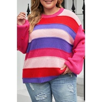 Pink Plus Size Striped Knit Pompom Puff Sleeve Sweater - 3X thumbnail