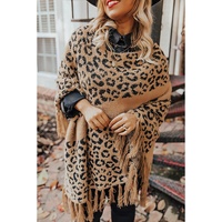 Leopard Plus Size Tasseled Hem Draped Poncho - One Size thumbnail