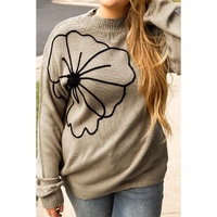 Dark Khaki Plus Size Big Flower Pattern High Neck Drop Shoulder Sweater - 4X thumbnail
