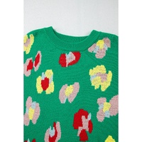 Green Plus Size Floral Knitted Ribbed Edge Drop Shoulder Sweater - 3X thumbnail