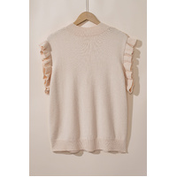Oatmeal Plus Cable Knit Short Ruffled Sleeve Mock Neck Sweater - 1X thumbnail