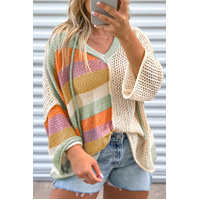 Beige Pointelle Knit Colorblock Patchwork V Neck Hooded Plus Sweater - 1X thumbnail