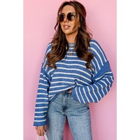 Sky Blue Stripe Drop Shoulder O Neck Plus Size Sweater - 3X thumbnail