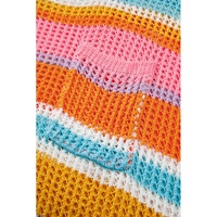 Pink Stripe Plus Size Open Knit Patch Pocket Short Sleeve Sweater - 4X thumbnail
